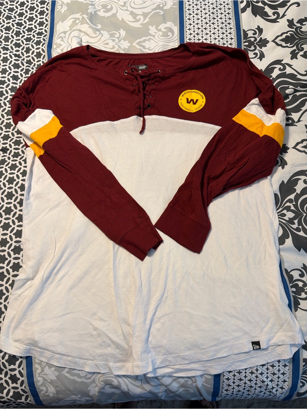 Lace-Up Colorblock Long Sleeve Jersey in Maroon, White & Gold